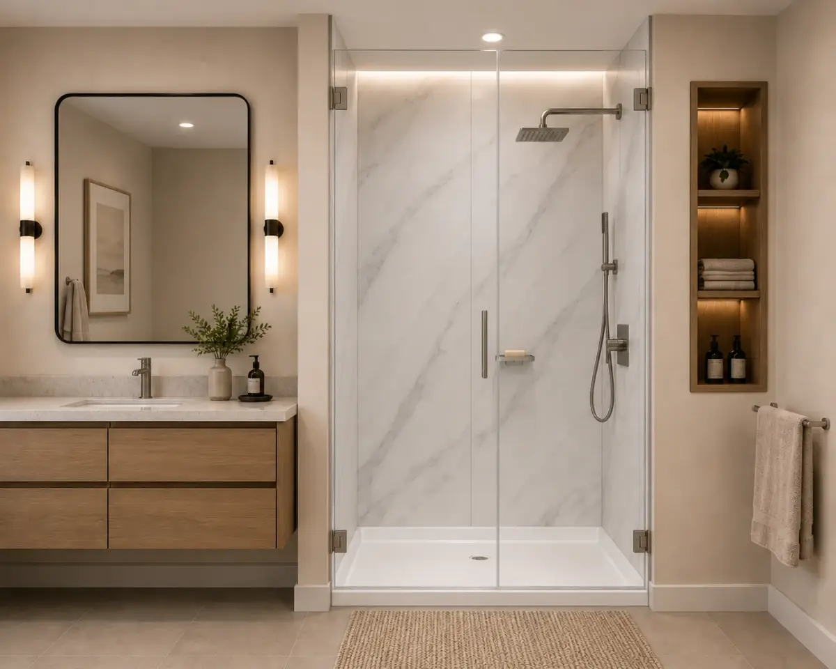 Finished walk-in shower with a low threshold and glass door (Walk-in tub or walk-in shower for your Houston home?)